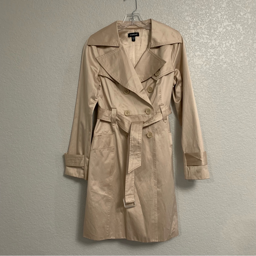 Y2k Bebe Trench Coat Jacket Womens M Satin Shimmer Belted Tan